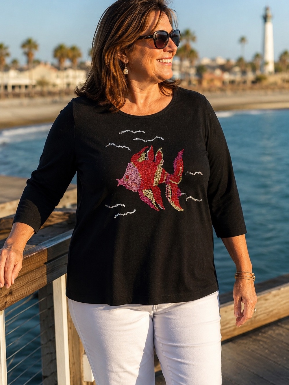 Quackery Factory 3X Black Sequin Tropical Fish 3/4 Sleeve Top Coastal Style